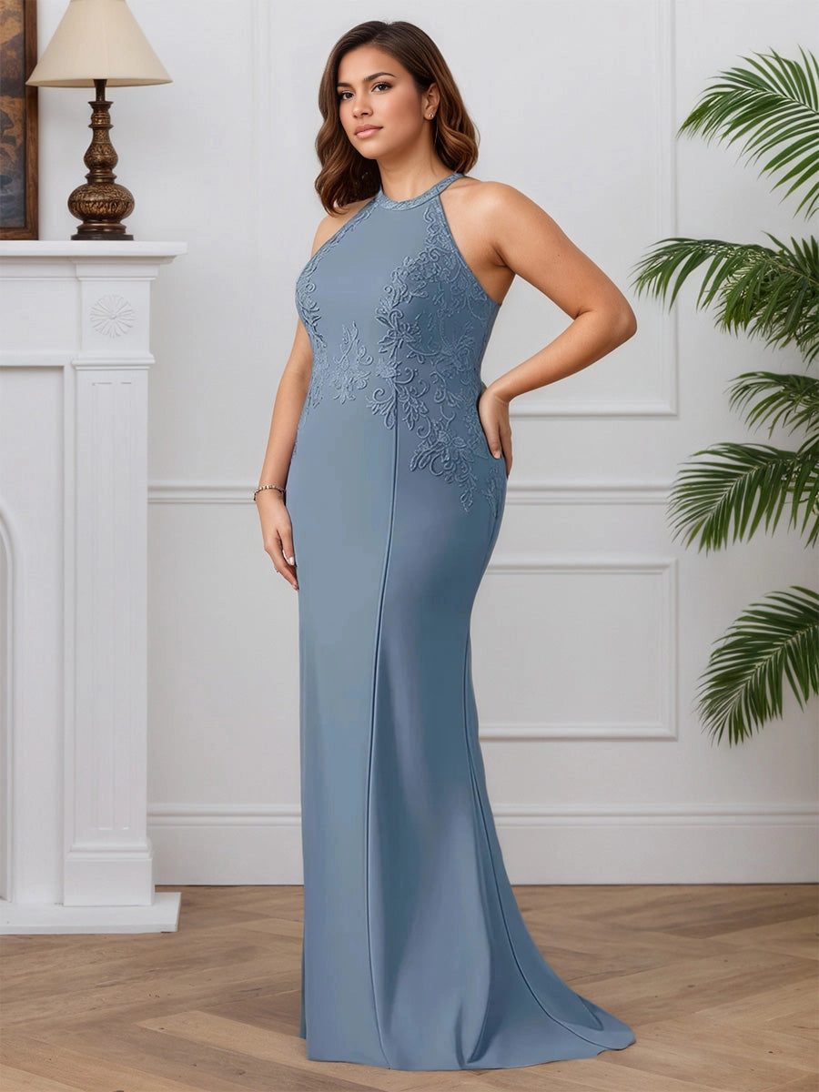 Stunning Mermaid Halter Sleeveless Illusion Back Floor Length Plus Size Mother Of The Bride Dress