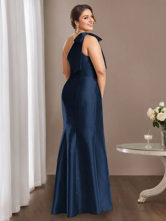 back view roselledress plus size satin mermaid mother dress one shoulder open back matching bow invisible zipper navy blue long formal dress with pockets