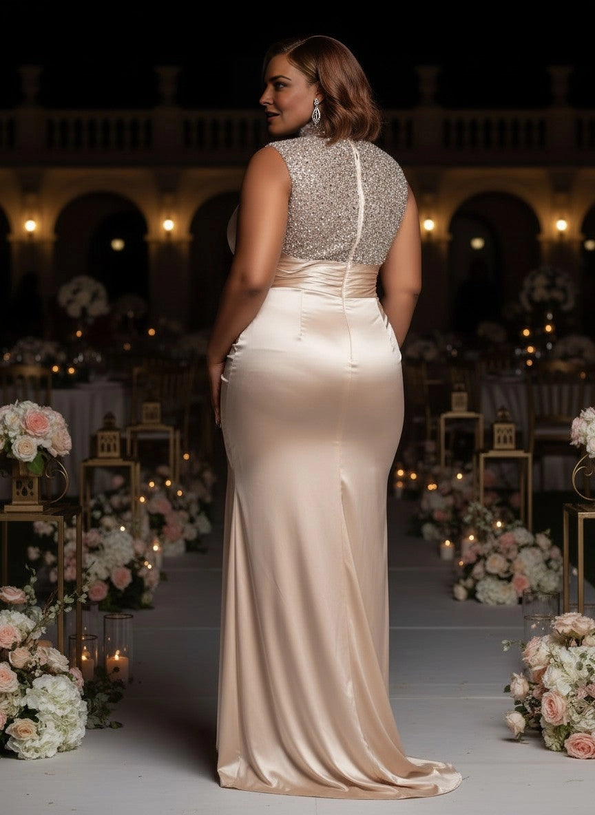 Roselledress satin formal dress plus size sleeveless beaded zipper back train wedding guest dress back view