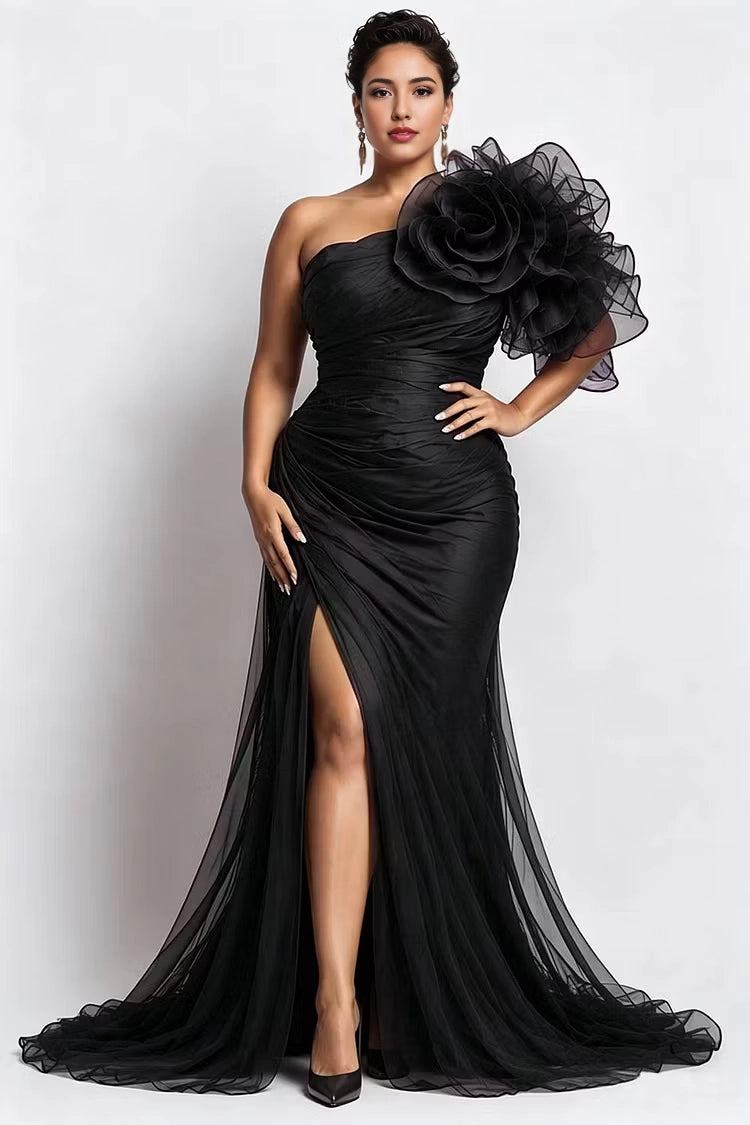 Roselledress Burgundy Mermaid One Shoulder 3D Flower Ruched Tulle High Slit Train Plus Size Prom Dress