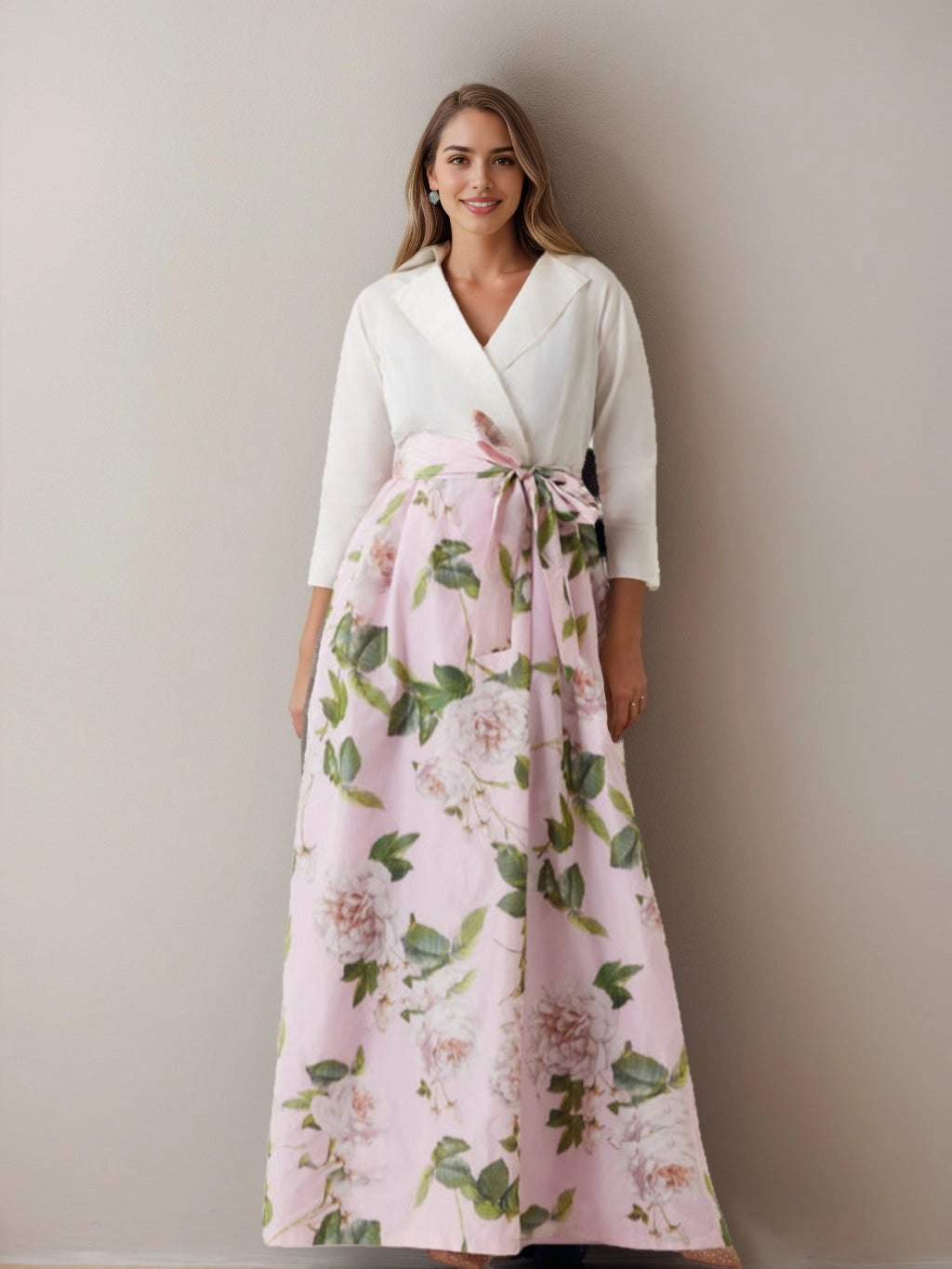 Roselledress Two-Tone A-Line Lapel V Neck 3/4 Sleeve Solid Back Maxi Floral Print Plus Size Mother Of The Bride Dress