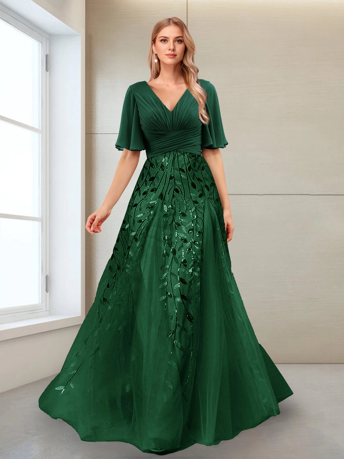 Romantic A Line V Flutter Sleeve Deep V Back Tulle Long Mother Of Bride Dress