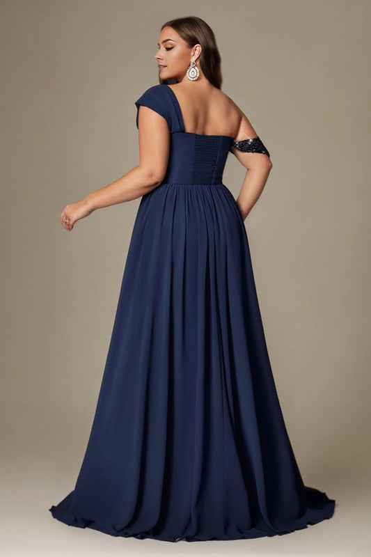 roselledress plus size navy chiffon formal dress straight smocked back asymmetric sleeve evening gown
