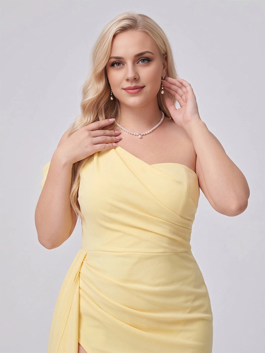 Glamorous Mermaid One Shoulder Ruched High Slit Back Zipper Floor Length Plus Size Bridesmaid Dress