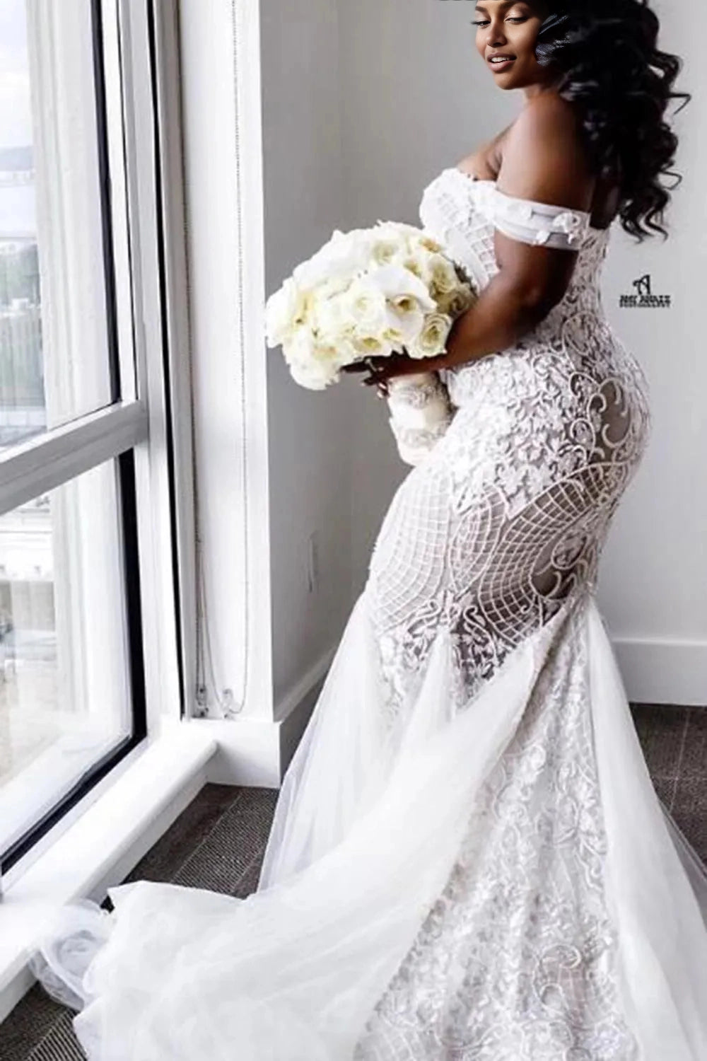 Curvy bride wearing Roselledress illusion back plus‑size lace mermaid wedding dress chapel train