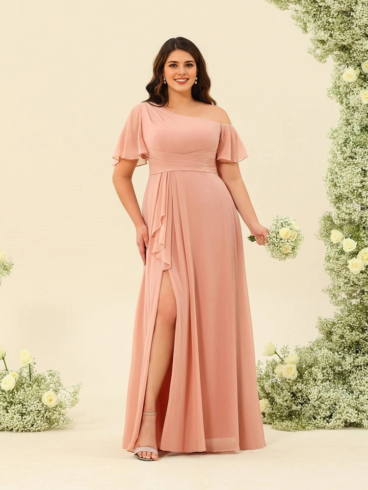 Roselledress Dusty Pink A Line One Shoulder Flutter Sleeve Zip Back Maxi Plus Size Bridesmaid Dress