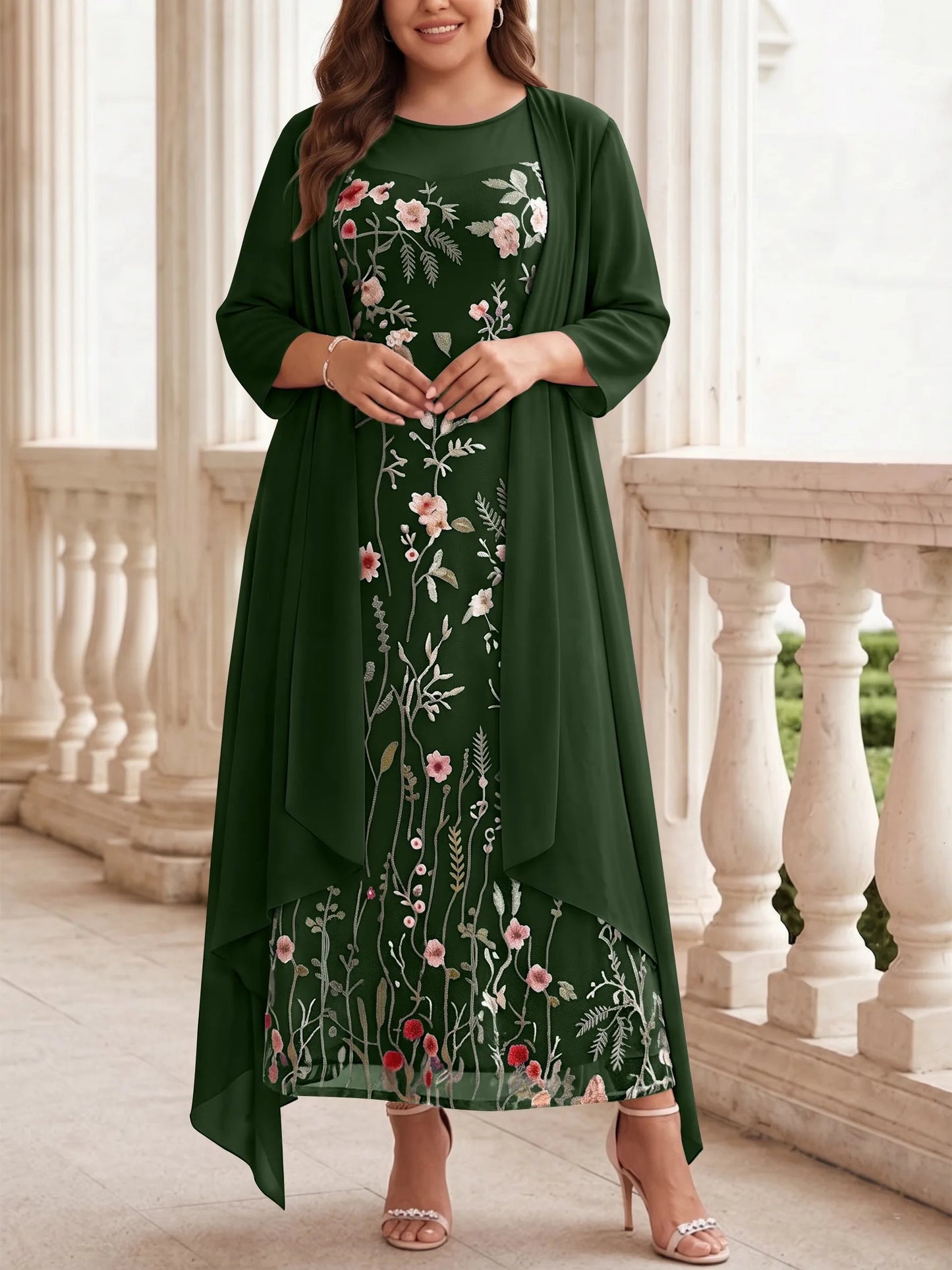 Soft Pink Plus Size Straight Round Neck 3/4 Sleeve Open Back Two Piece Mother Of Bride Dress