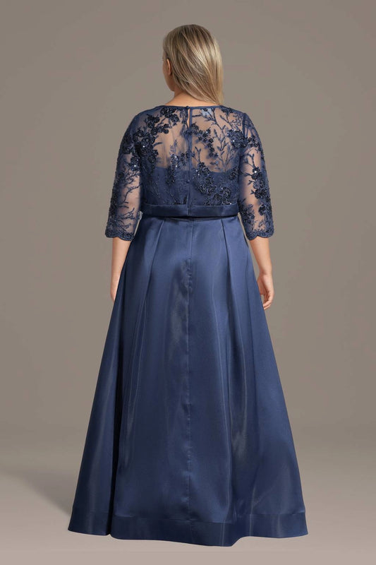 Navy blue plus size formal dress with lace back, zipper and flowing satin-look skirt