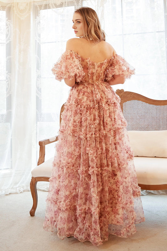 Back view Roselledress dusty‑pink plus size a‑line prom dress zipper back bow detail floral print floor‑length formal dress