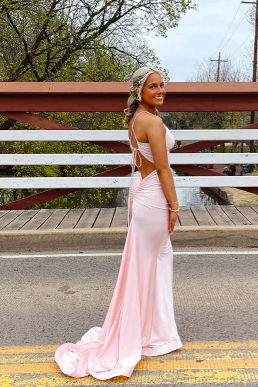 Roselledress Plus Size Mermaid Halter V-Neck Lace Up Back Long Evening Dress
