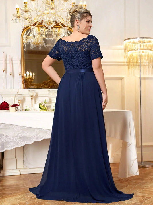 roselledress plus size lace chiffon evening dress scalloped square short sleeve scalloped back floor‑length mother formal gown