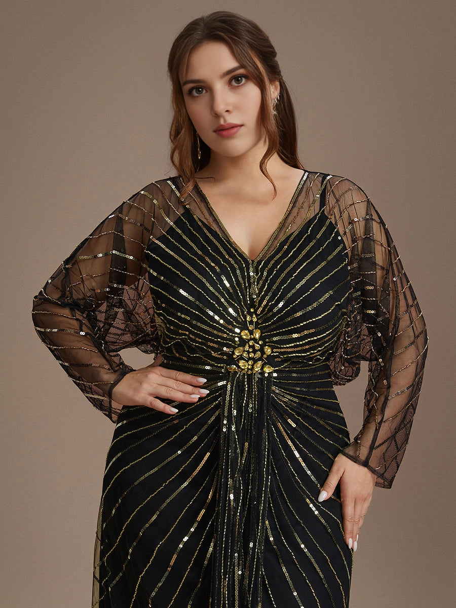 Roselledress Black Straight V Neck Long Sleeve Open Back Maxi Length Plus Size Wedding Guest Dress