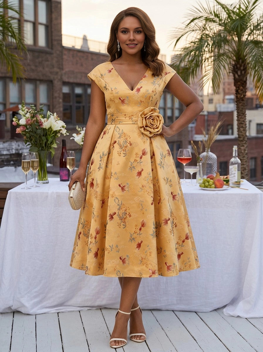 Plus Size Jacquard A-Line V-Neck Cap Sleeve Tea-Length Wedding Guest Dress