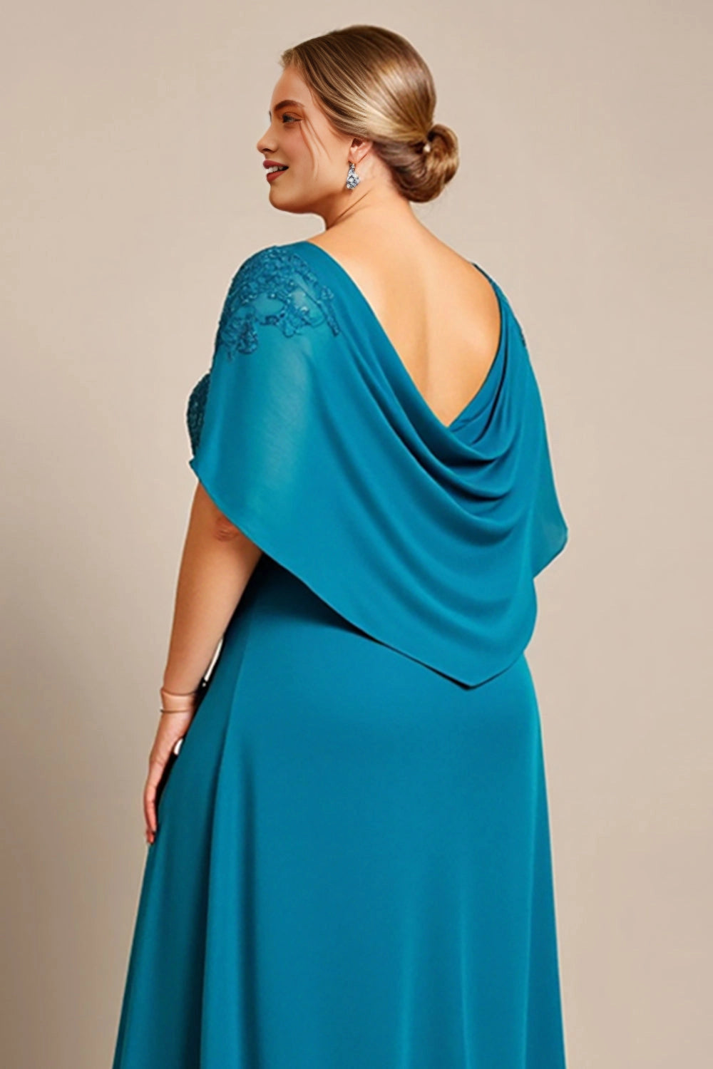 A-Line Lace Cape Sleeve Cowl Back Chiffon Maxi Plus Size Mother Of Bride Dress