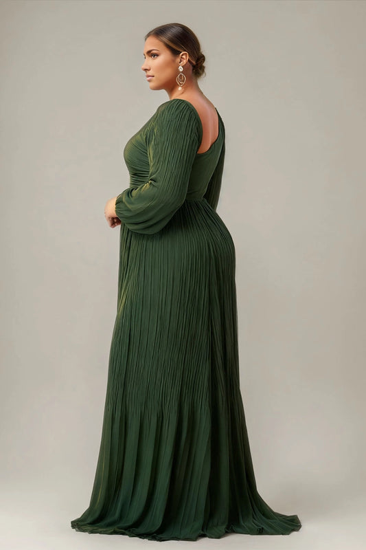 Back view Roselledress Peacock plus size pleated a-line prom dress long sleeve formal gown