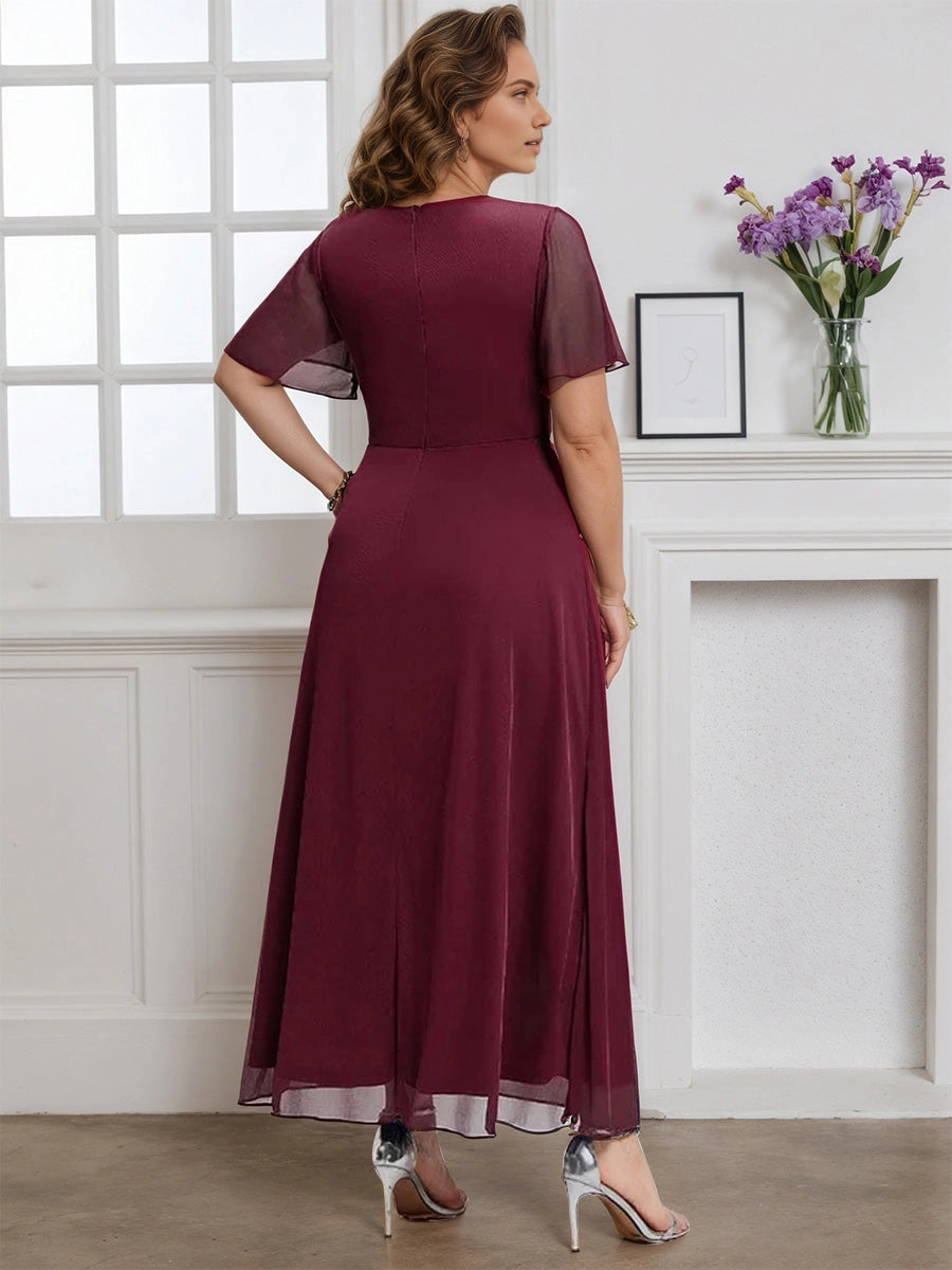 Chic A‑Line V‑Neck Flutter‑Sleeve Closed‑Back Tea‑Length Plus Size Mother Of The Bride Dress