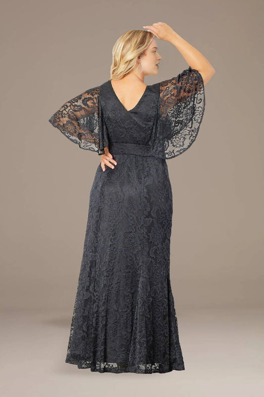Charcoal lace mother of the bride dress with V-back and flowing lace sleeves