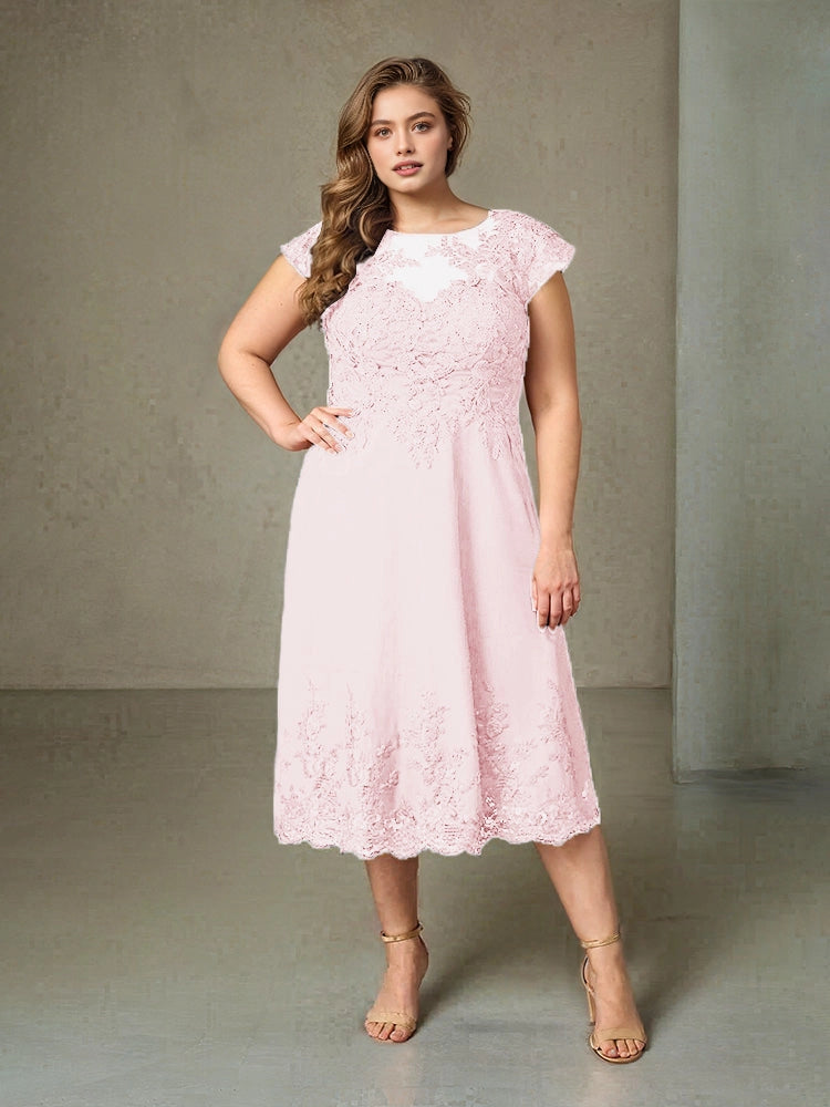 Charming A‑Line Illusion Neck Cap Sleeve V‑Back Midi Length Plus Size Mother Of The Bride Dress
