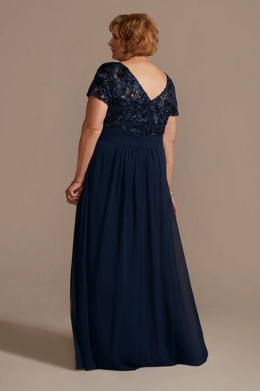 Navy blue lace mother of the bride dress with V-back and flowing maxi skirt