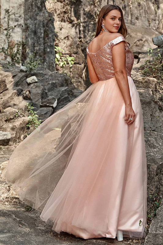 roselledress plus size blush evening dress zipper back off‑shoulder cap sleeve sequin tulle long bridesmaid gown