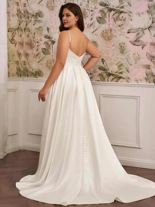Back view Roselledress plus‑size satin bridal gown low v button back spaghetti strap wedding dress with train