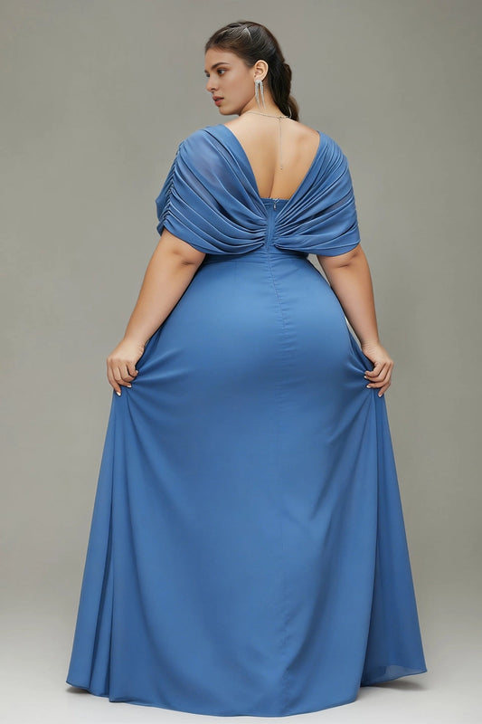 Back view Roselledress dusty blue plus size chiffon prom dress draped sleeve deep v‑back zip‑back floor length gown