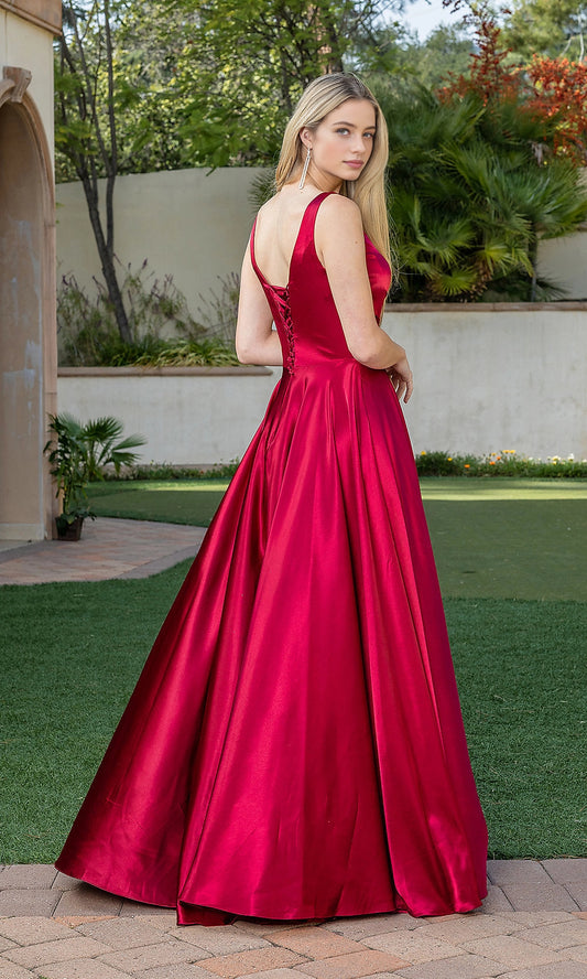 roselledress burgundy red a-line bridal gown seamless shallow v corset lace up adjustable open back sleeveless stretch satin wedding guest dress back view