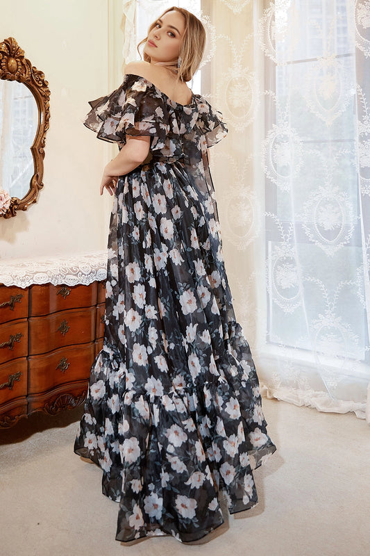 Roselledress plus size evening gown zipper back black floral chiffon formal dress rear view