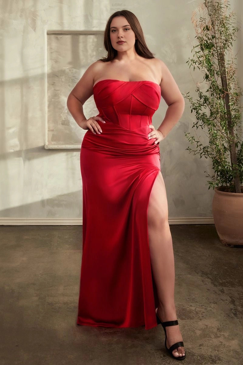 Satin Strapless Corset‑Back Slit Mermaid Maxi Plus Size Prom Dress