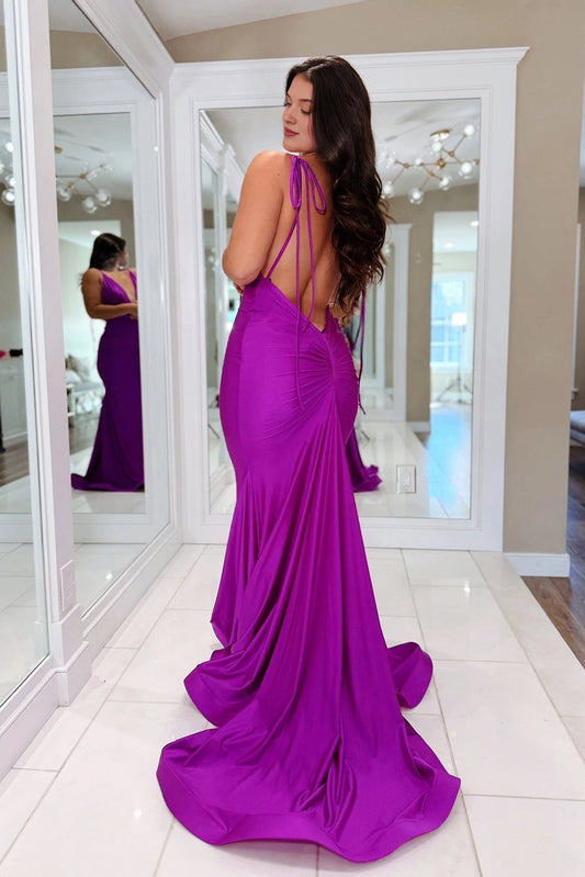 Magenta ruched tie open back mermaid long evening gown back view
