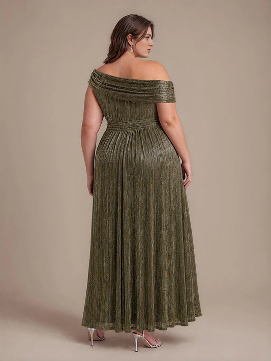 Back view of RoselleDress glitter metallic plus size evening dress off shoulder draped open back long maxi gown