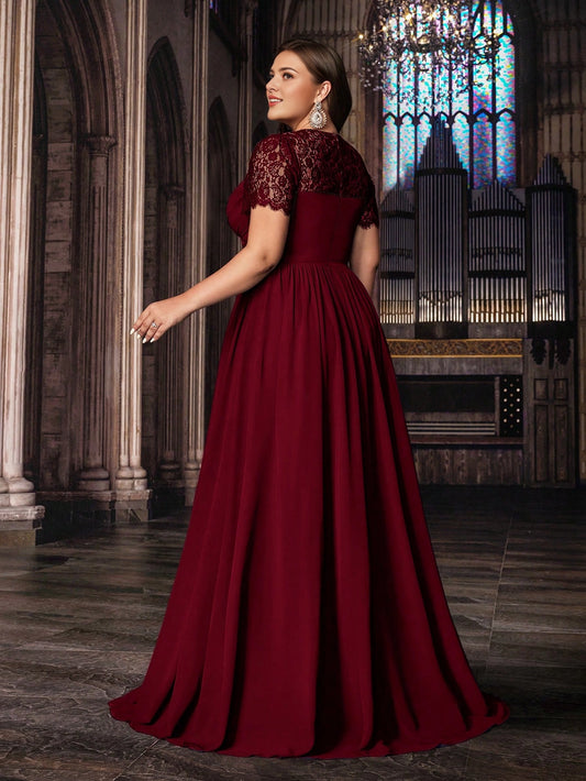 Back view Roselledress burgundy plus size chiffon prom dress short lace sleeve zip‑back formal maxi gown