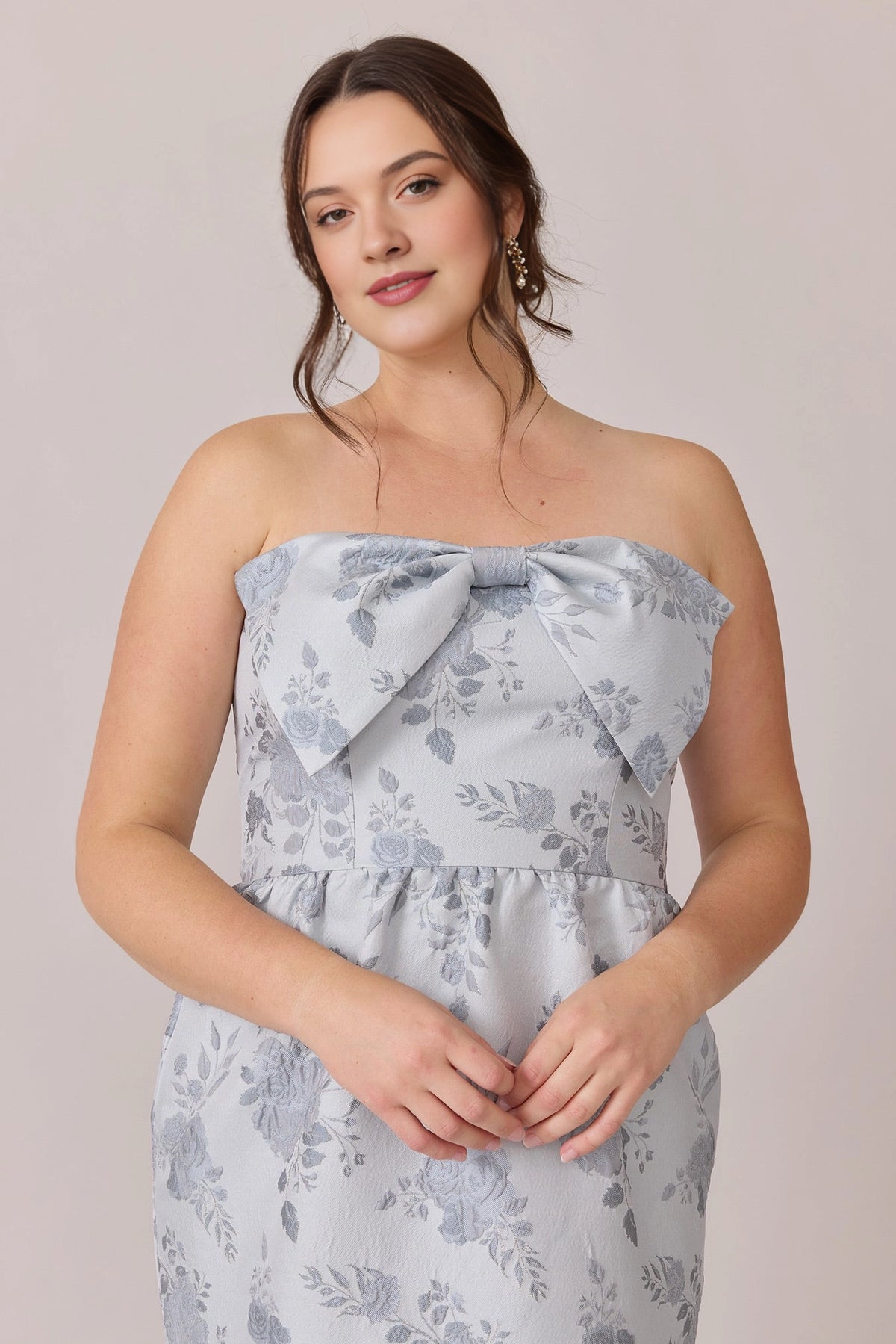 Plus Size Jacquard Strapless Bow Lace-Up Tiered Long Wedding Guest Dress