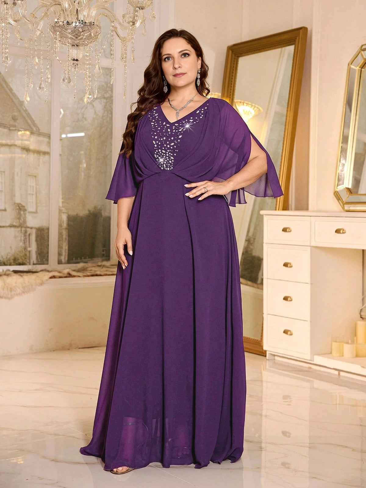 Elegant Plus Size A-Line V-Neck Flutter-Sleeve V-Back Maxi Beaded Mother of Bride Dress