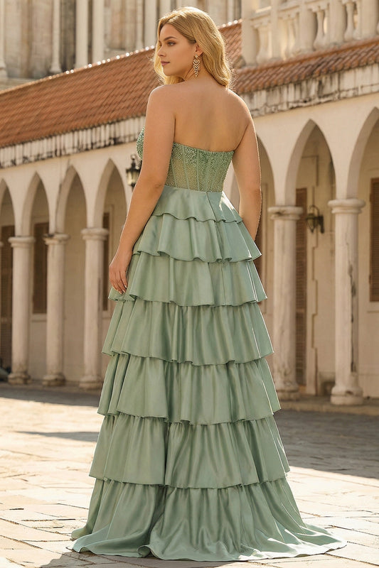 roselledress plus size sage tiered satin formal dress strapless straight back beaded corset evening gown