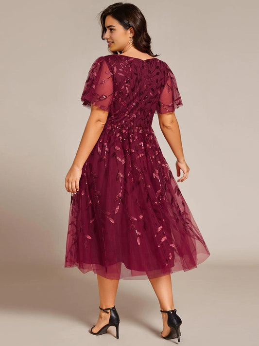 Roselledress embroidered sequin tulle plus size formal midi dress center zipper back shot
