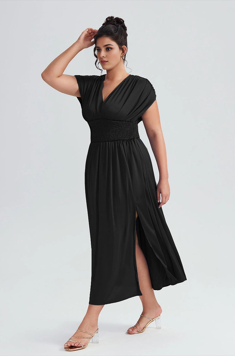 Plus Size Royal Blue A Line V Neck Cap Sleeve Tie‑Back Midi Prom Dress