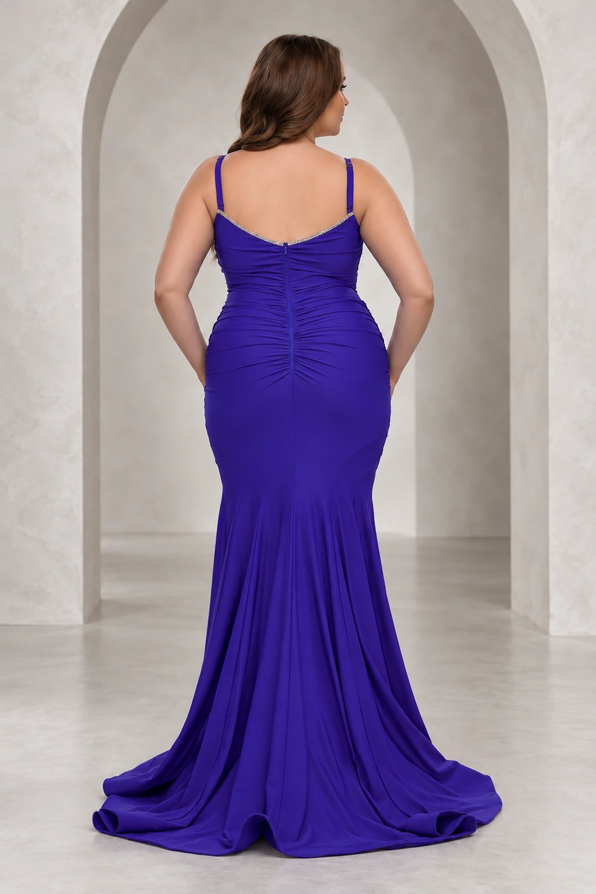 Elegant Jersey Mermaid V-Neck Sleeveless V-Back Floor-Length Plus Size Prom Dress