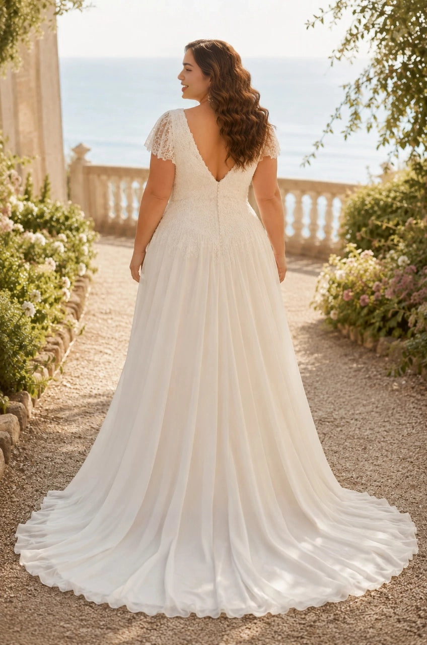 Back view of an ivory plus size wedding dress with V-shaped lace back, flutter sleeves and flowing train.