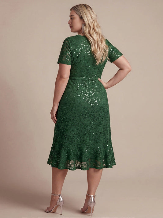 Roselledress plus size sequin lace midi dress back view, short sleeve zipper back dark green cocktail evening gown