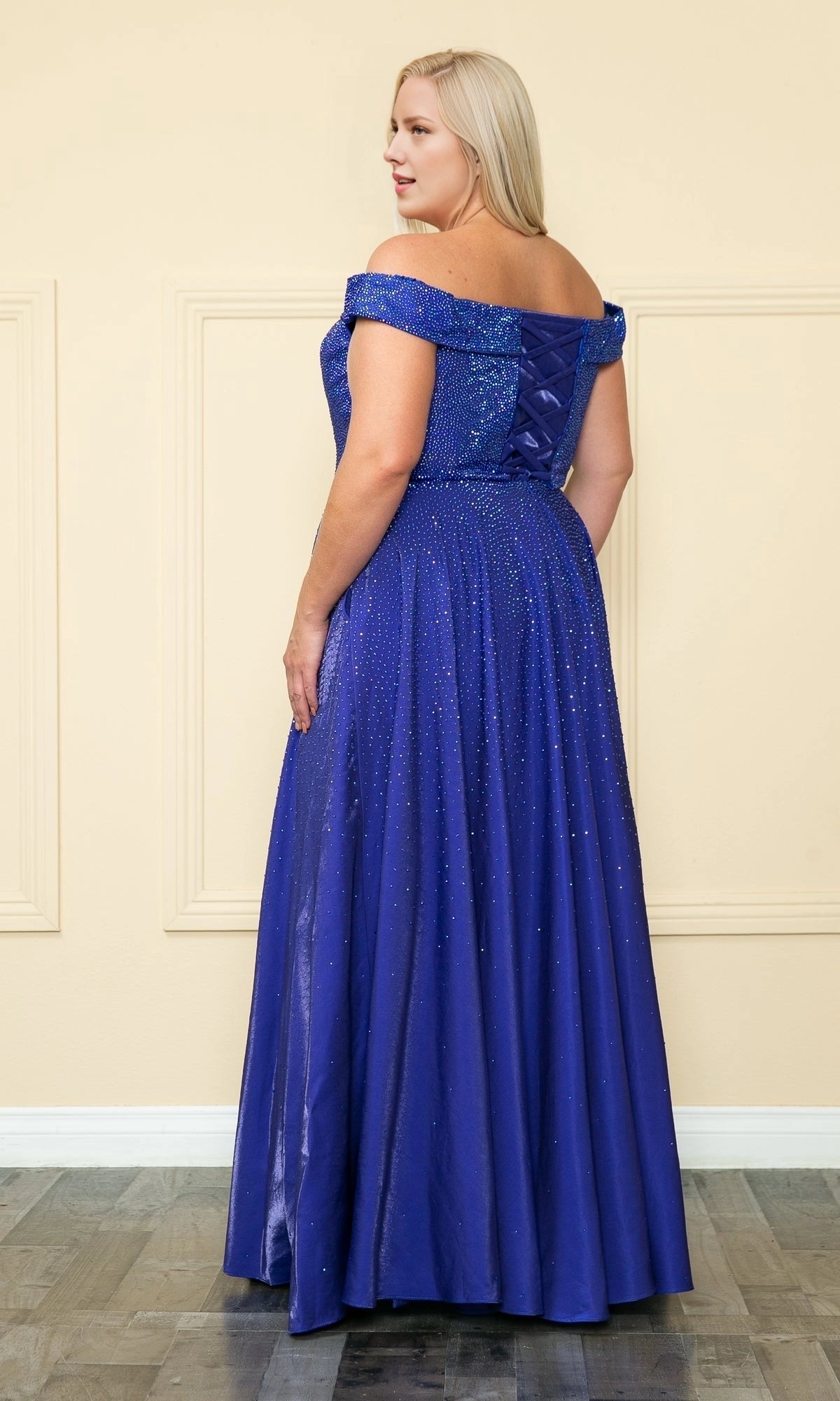 Elegant A-Line Off The Shoulder Corset Back Floor-Length Plus Size Rhinestone Satin Prom Dress