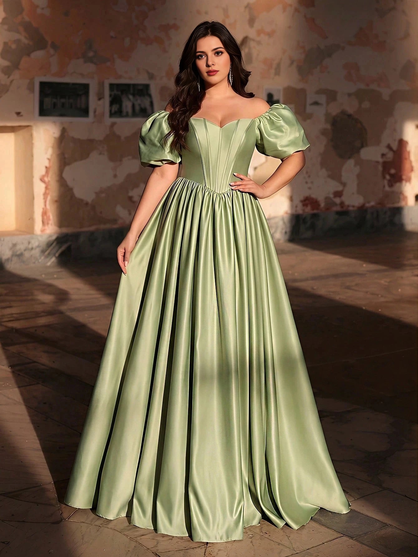 Plus Size Sage‑Green A‑Line Off‑The‑Shoulder Puff‑Sleeve Corset‑Back Floor‑Length Prom Dress