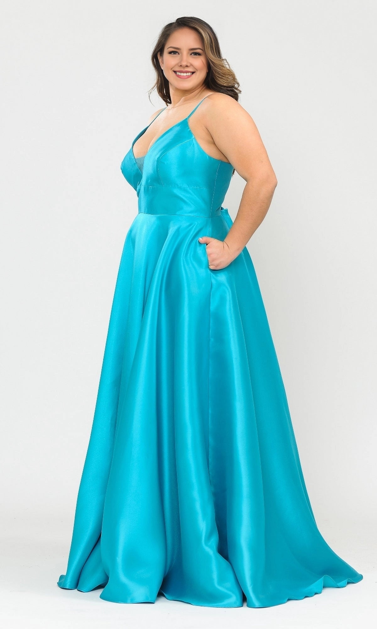Classic A-Line V-Neck Spaghetti Strap Lace-Up Back Floor Length Plus Size Satin Prom Dress
