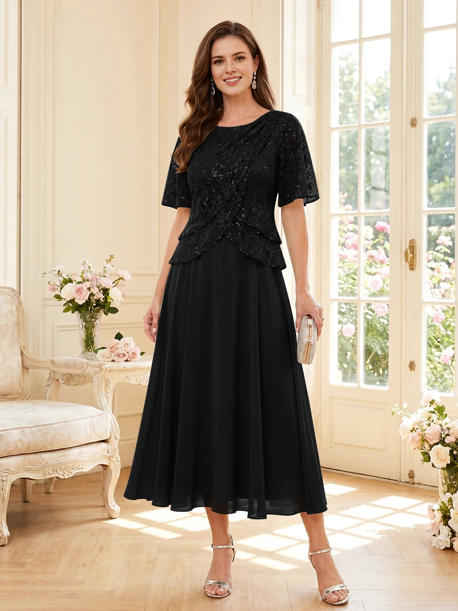 A-Line Round-Neck Short-Sleeve Zip-Back Midi-Length plus size Mother Of Bride Dress