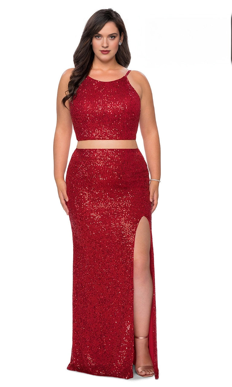 Stunning Plus Size Sheath Halter V-Back Long Sequin Evening Dress