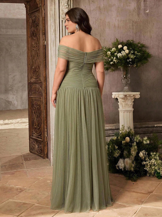 Back view Roselledress sage‑green plus size a‑line prom dress zipper back ruched tulle floor‑length formal dress