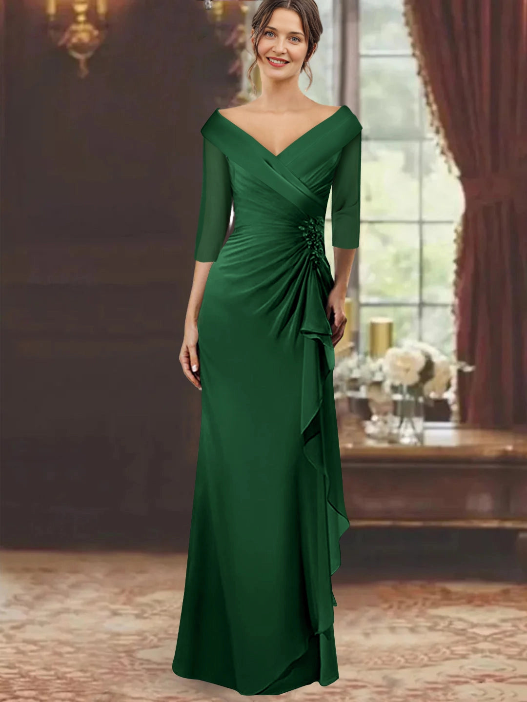 Luxurious Mermaid Off-The-Shoulder Three-Quarter-Sleeve Closed-Back Floor-Length Mother of the Bride Dresses