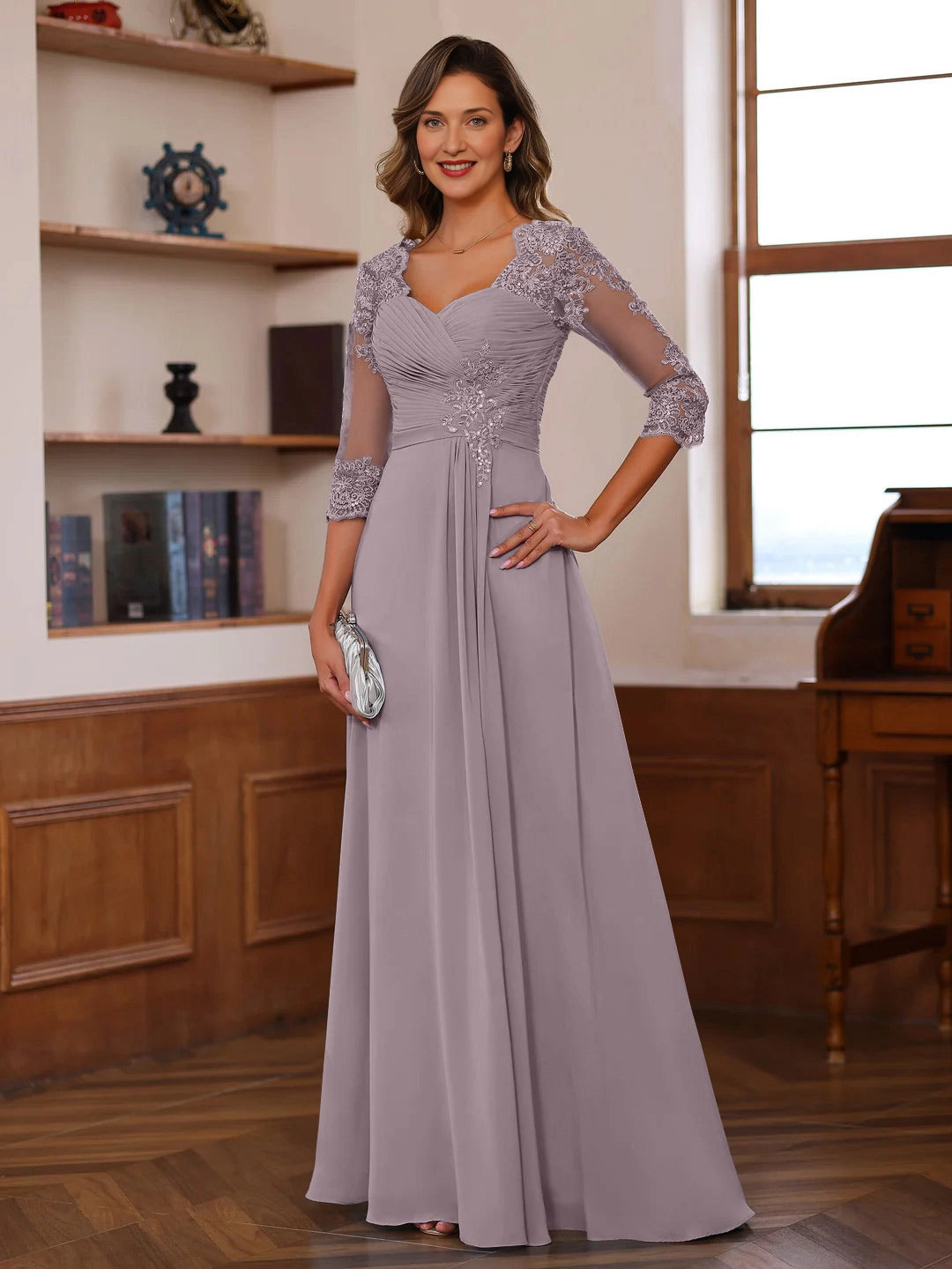 Elegant A-Line Sweetheart Neck Three-Quarter-Sleeve V-Back Floor-Length Mother of the Bride Dresses