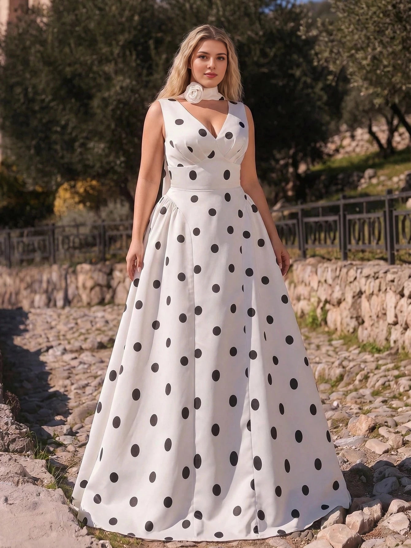 Plus Size Polka‑Dot A‑Line V‑Neck Sleeveless Corset‑Back Floor‑Length Prom Dress