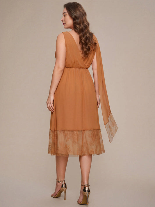 Roselledress plus size chiffon midi dress back view, wrap v-back floating sash caramel wedding guest dress